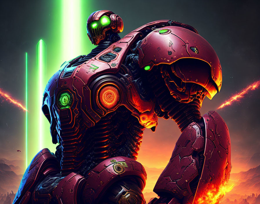 Detailed illustration of towering red and black mech robot with green lights on volcanic landscape.