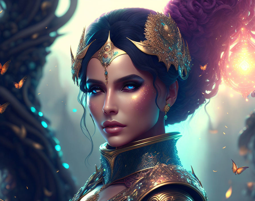 Stylized woman with gold headpiece and butterflies in digital art