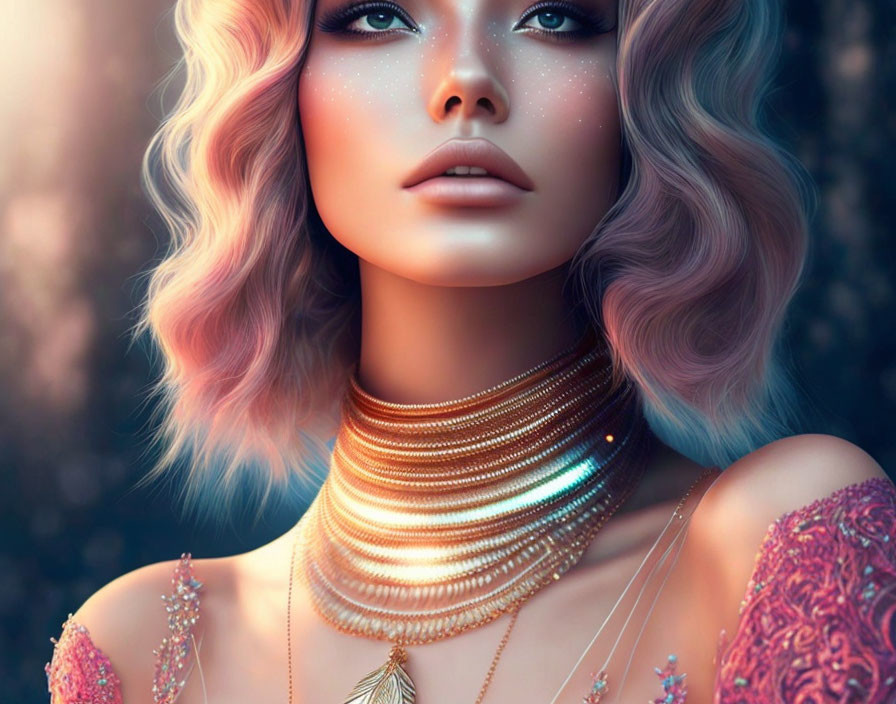 Portrait of woman with pink wavy hair and freckles in gold necklace.