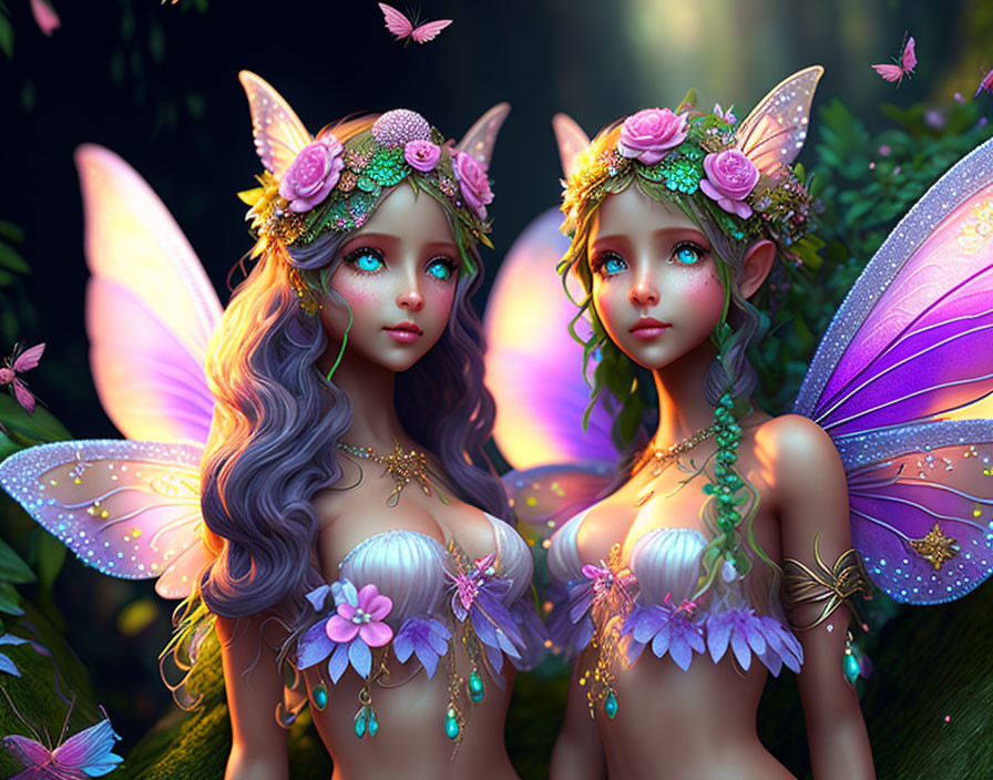 Iridescent-winged fairies in enchanted forest with floral crowns