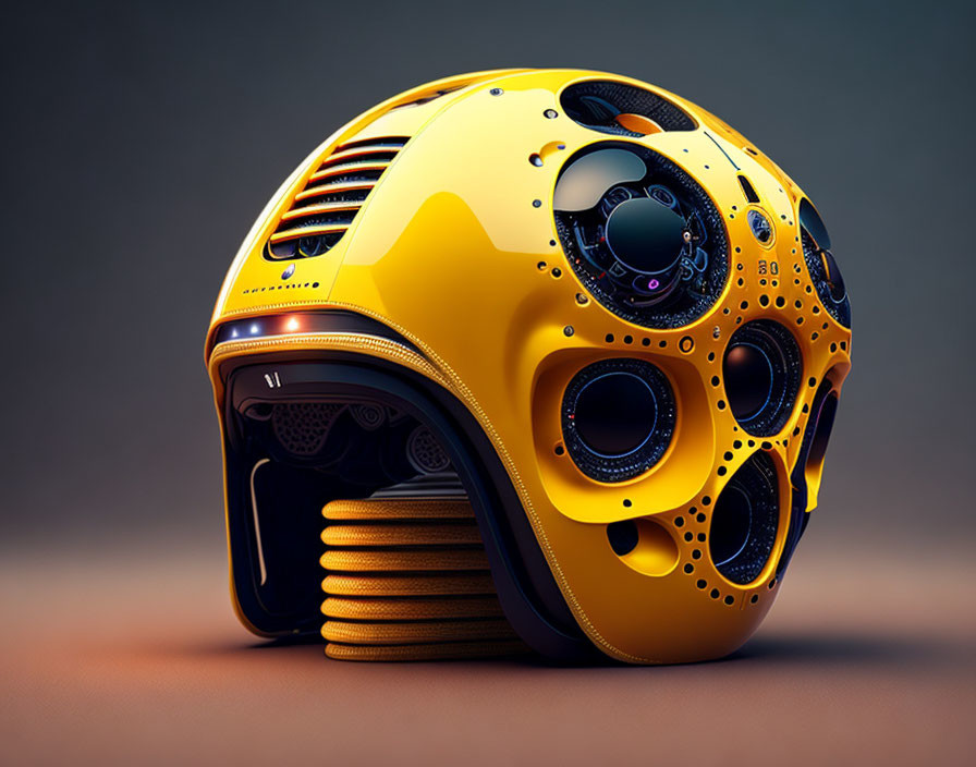 Yellow and Black Futuristic Helmet with Circular Vents on Gradient Background