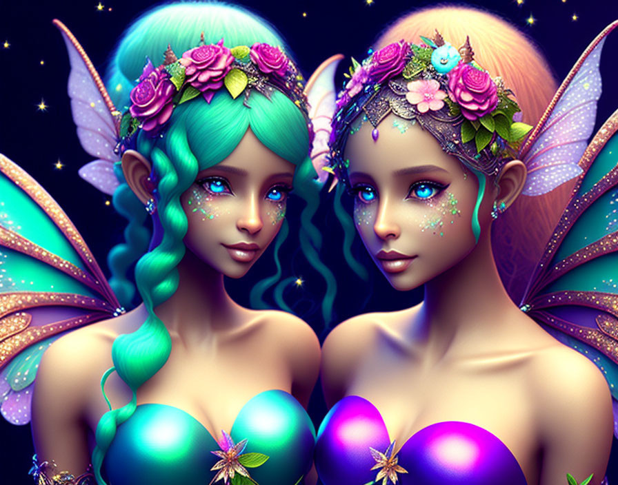 Colorful fantasy fairies with ornate headpieces and glittery skin on starry backdrop.