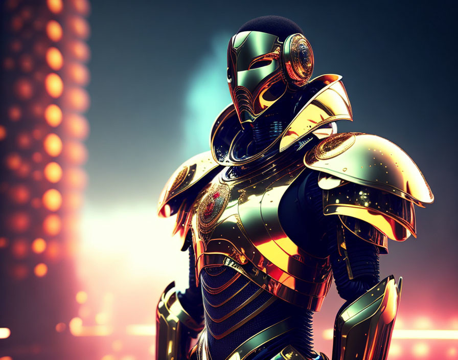 Futuristic armored robot in gold and black against warm bokeh lights