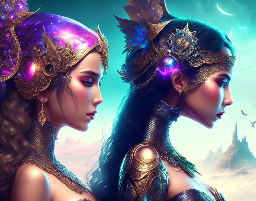 Fantasy women with ornate headdresses and glowing gemstones in metallic armors under a surreal sky