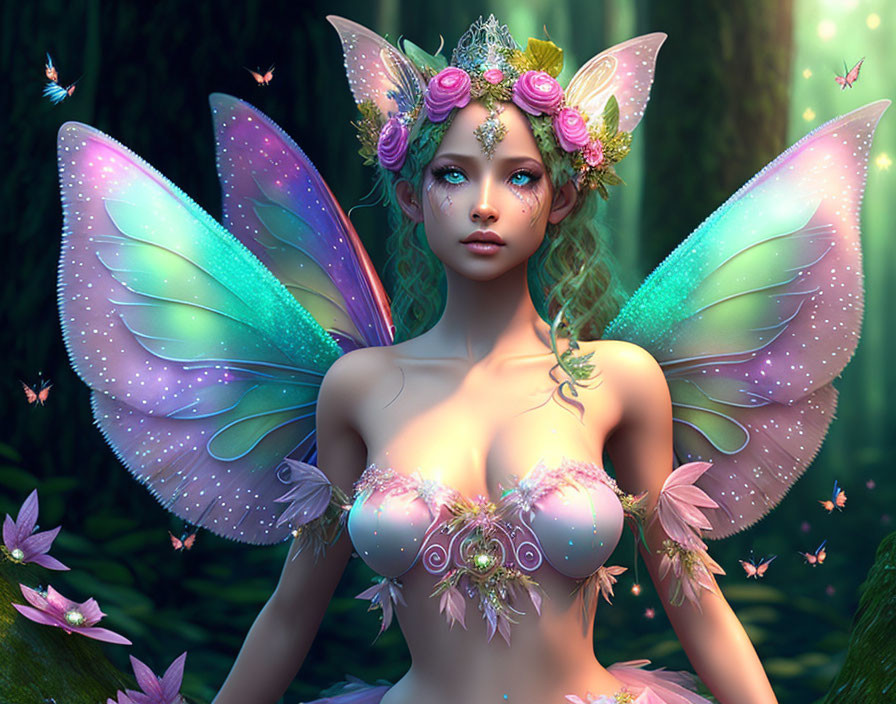 Fairy with iridescent wings in mystical forest surrounded by butterflies