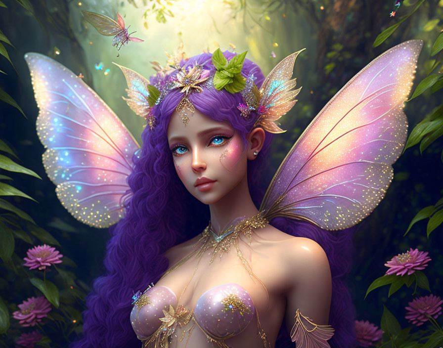 Fantasy female figure with purple hair and butterfly wings in enchanted forest.