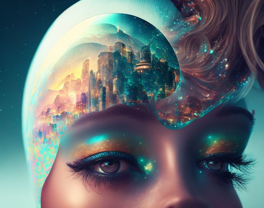 Futuristic artwork: Woman's face merges with cityscape in vibrant colors