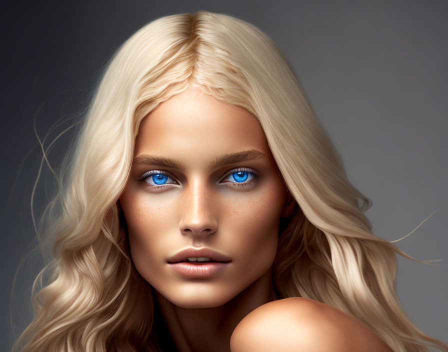 Blond woman with blue eyes and freckles on grey backdrop