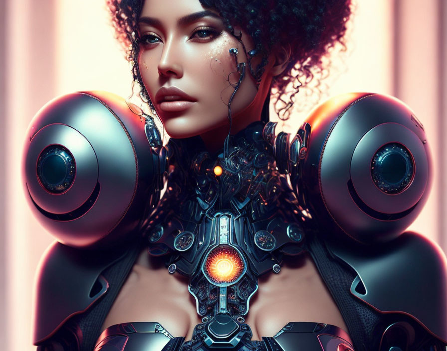 Female cyborg with intricate mechanical shoulders and glowing chest core.