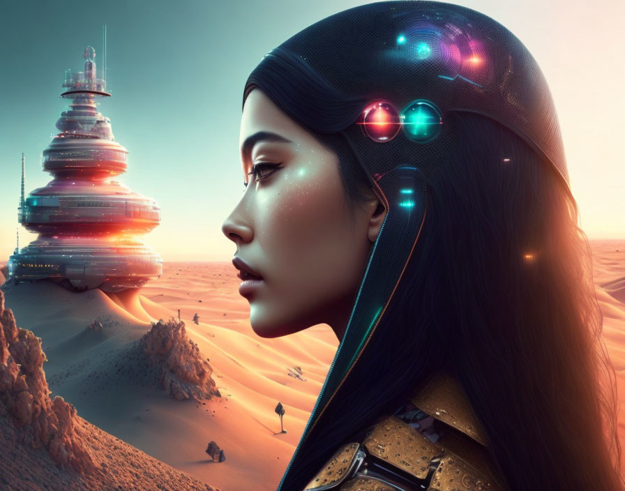 Futuristic woman with glowing head elements gazes at advanced desert cityscape at twilight