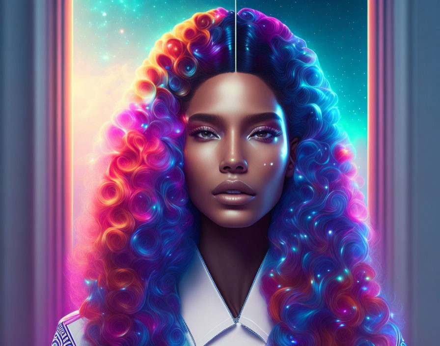 Vibrant rainbow-colored hair digital portrait against neon background