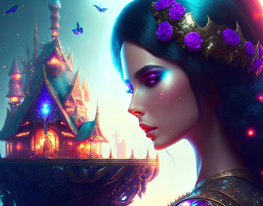 Digital artwork: Woman with violet flowers in hair against glowing castle backdrop.