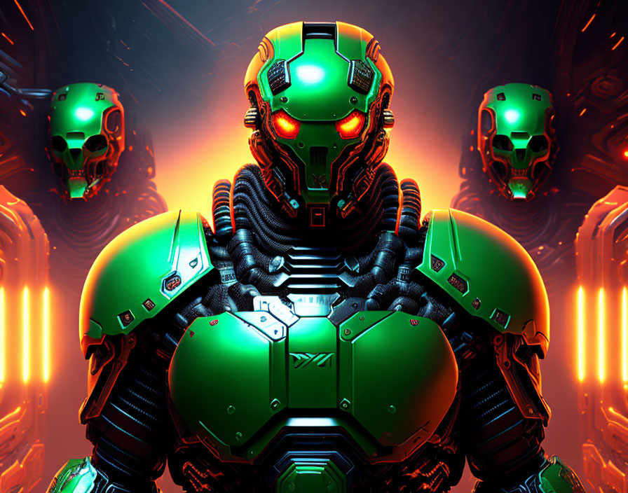 Armored robot with green visor & floating skulls in neon-lit scene