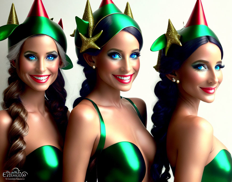 Three women with blue eyes and dark hair in festive jester hats on dark background