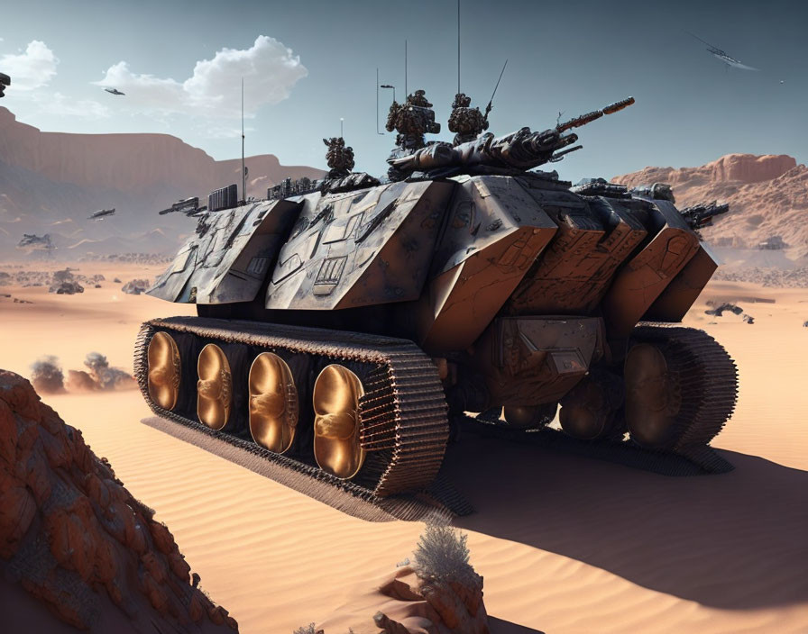 Futuristic tank and soldiers in exo-suits in desert landscape