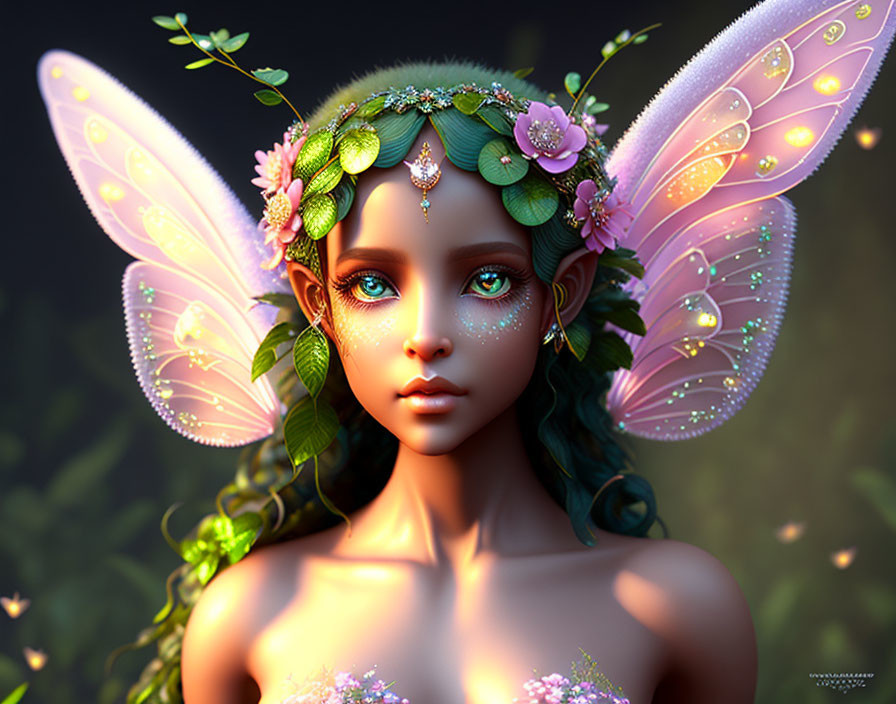 Digital artwork: Fairy with glowing wings, floral crown, and jewelry in dark forest.