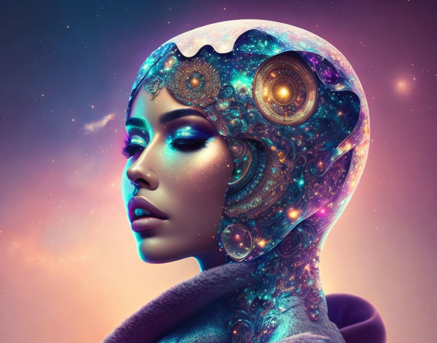 Digital artwork of woman with cosmic mechanical headpiece in starry sky