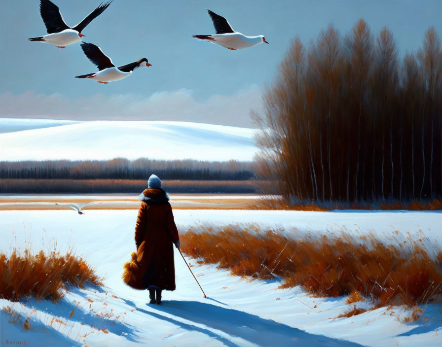 Person in warm coat walks snowy field with bare trees and geese flying overhead