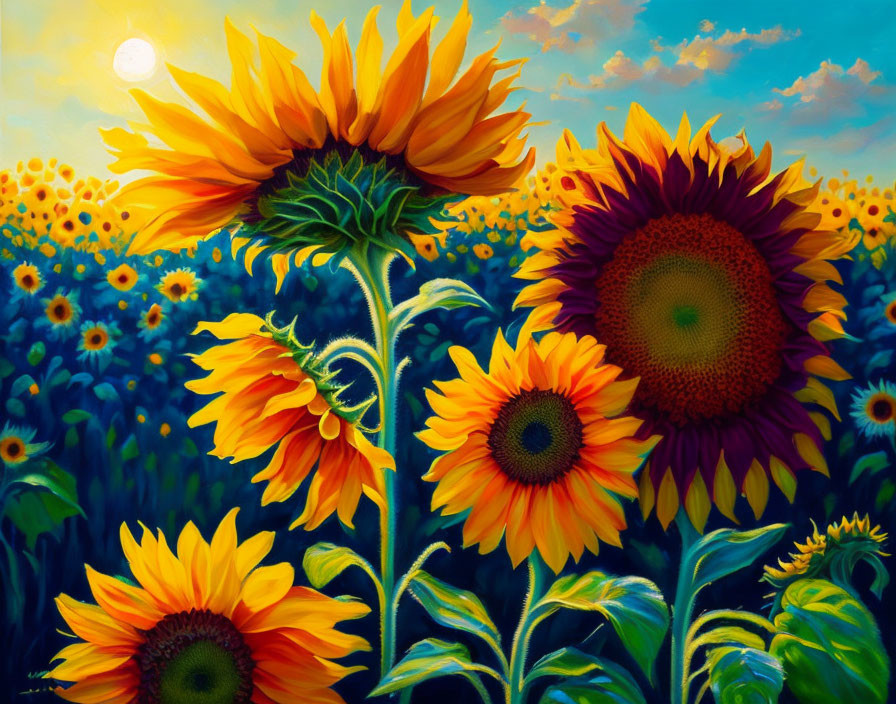 Vibrant sunflower field painting under clear blue sky