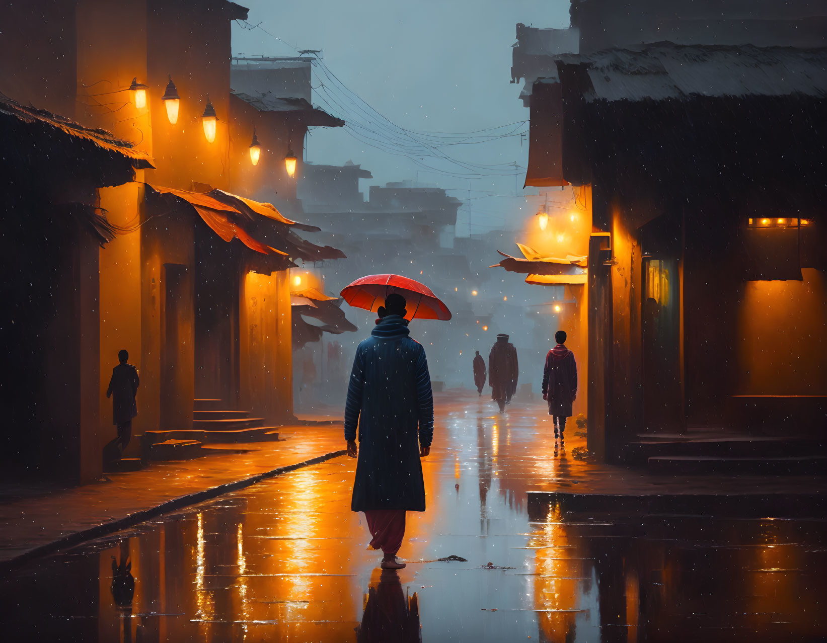 Pedestrian with red umbrella on rainy street at night.