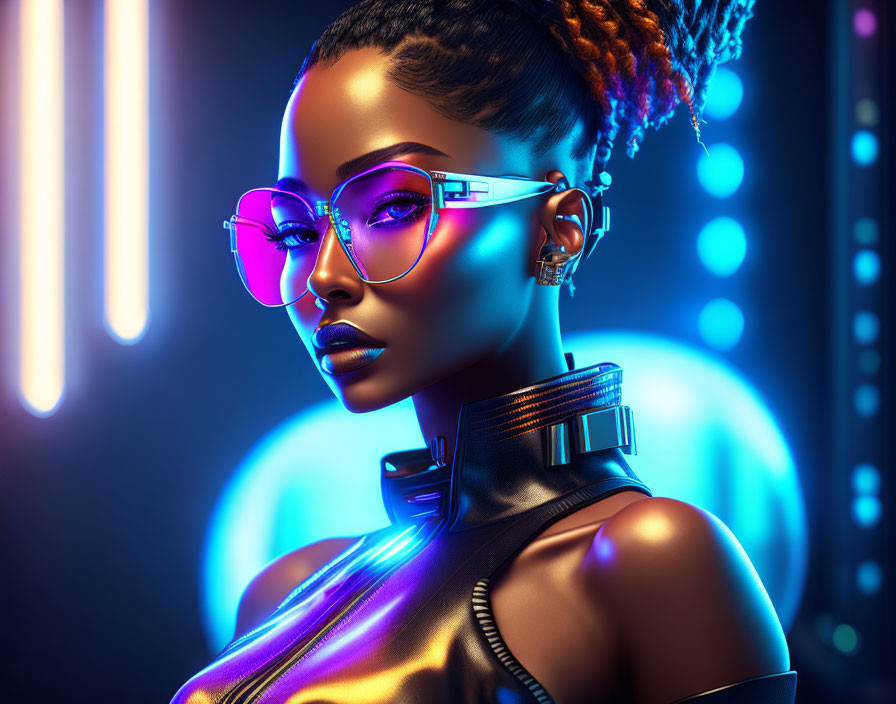 Digital artwork featuring woman in futuristic attire against neon-lit cyberpunk background