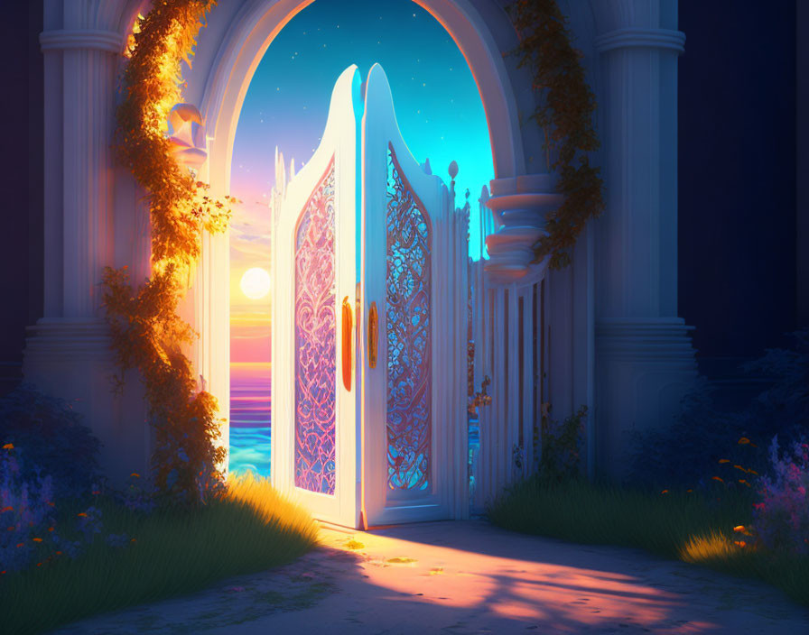 Glowing ornate gateway to magical sunset landscape with vibrant plants