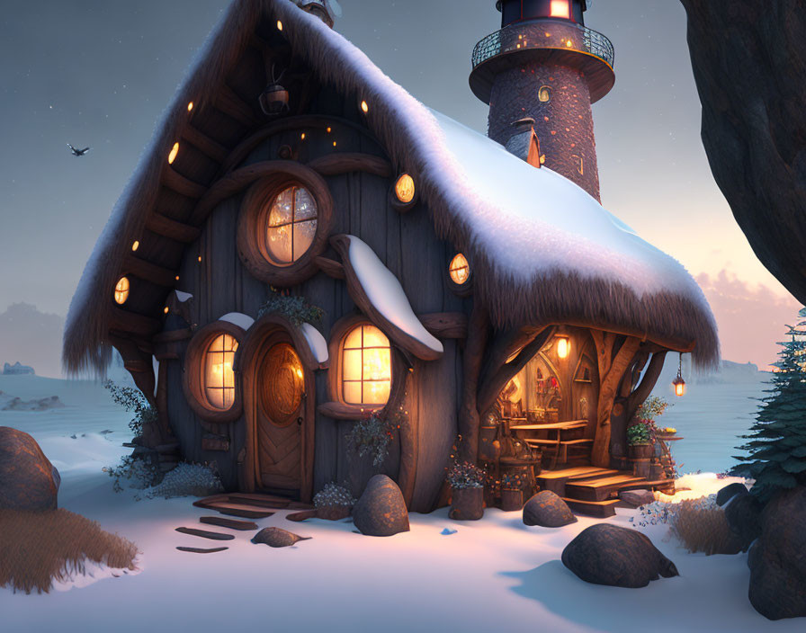 Snow-covered fantasy cottage and lighthouse in wintry twilight