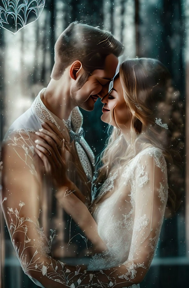 Romantic couple in elegant attire touching foreheads against snowy backdrop