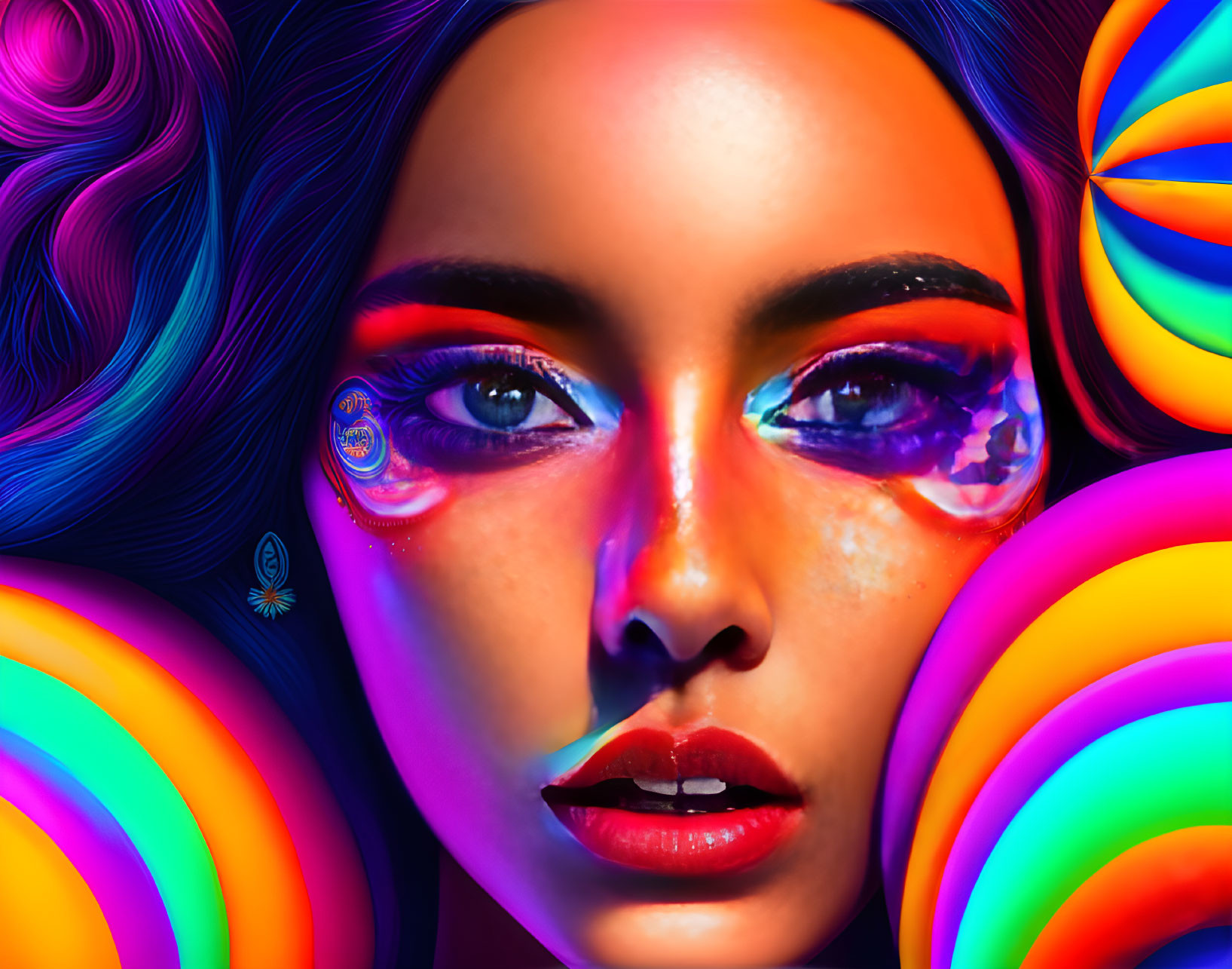 Colorful portrait of a woman with multicolored makeup and swirling patterns.