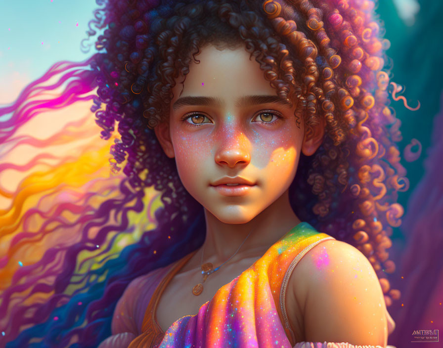 Young girl with curly hair in magical digital artwork