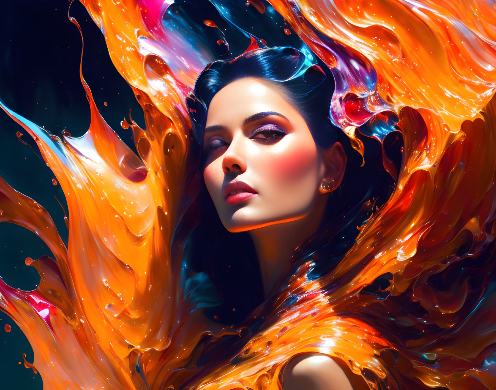 Intense woman's face in vibrant orange and yellow swirls