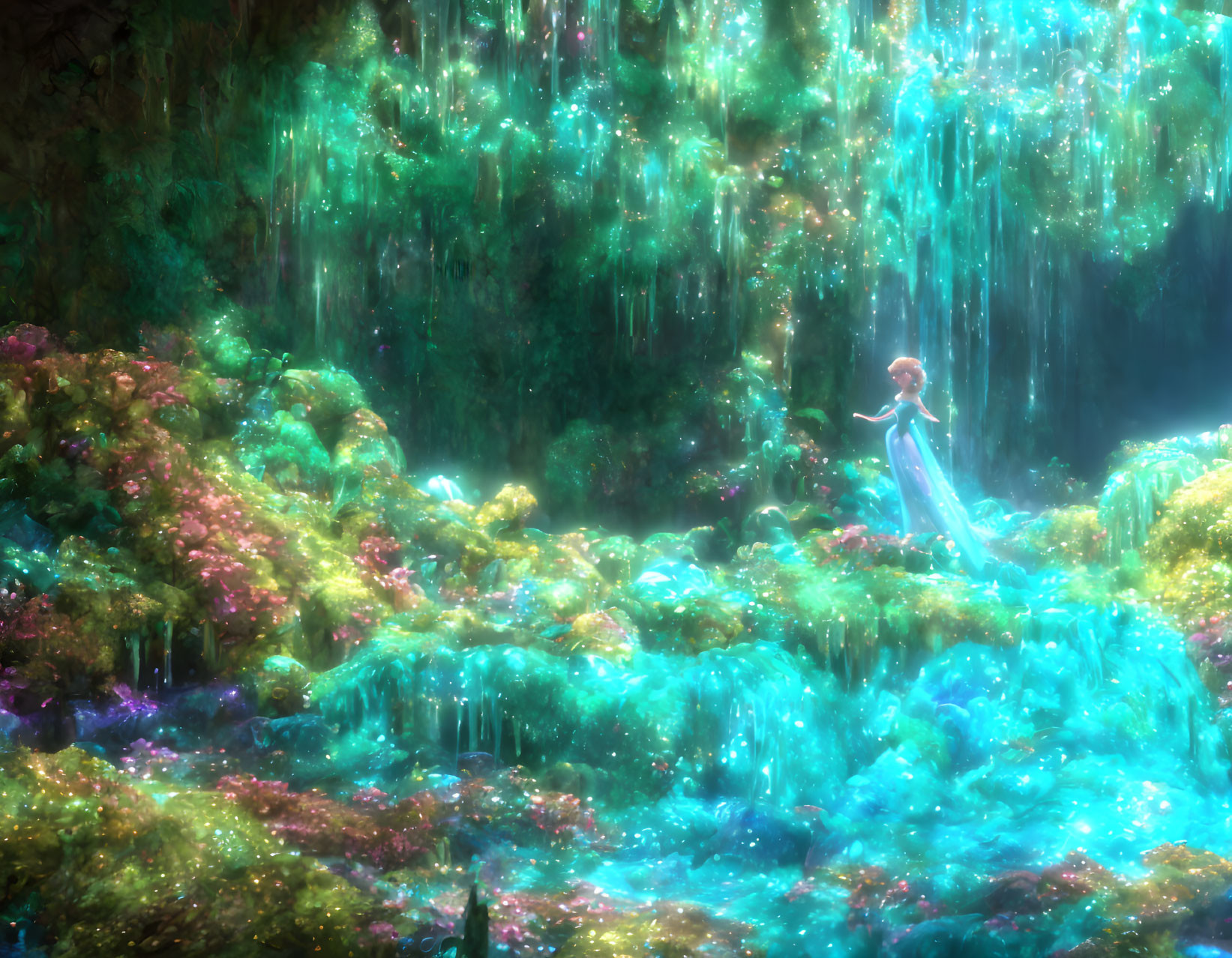 Person in Blue Dress in Enchanting Forest with Vibrant Flowers