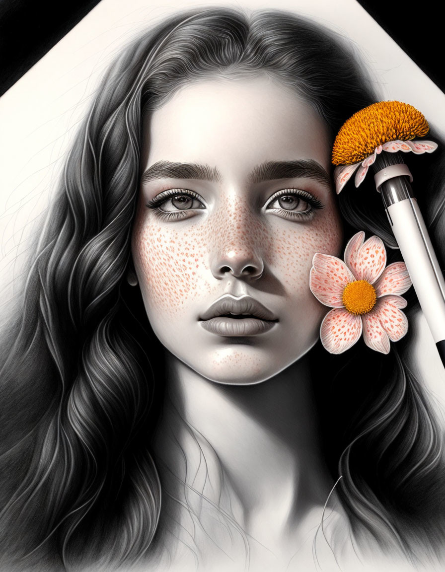 Monochrome illustration of woman with freckles and dark hair, with colorful cheeks and flower brush.