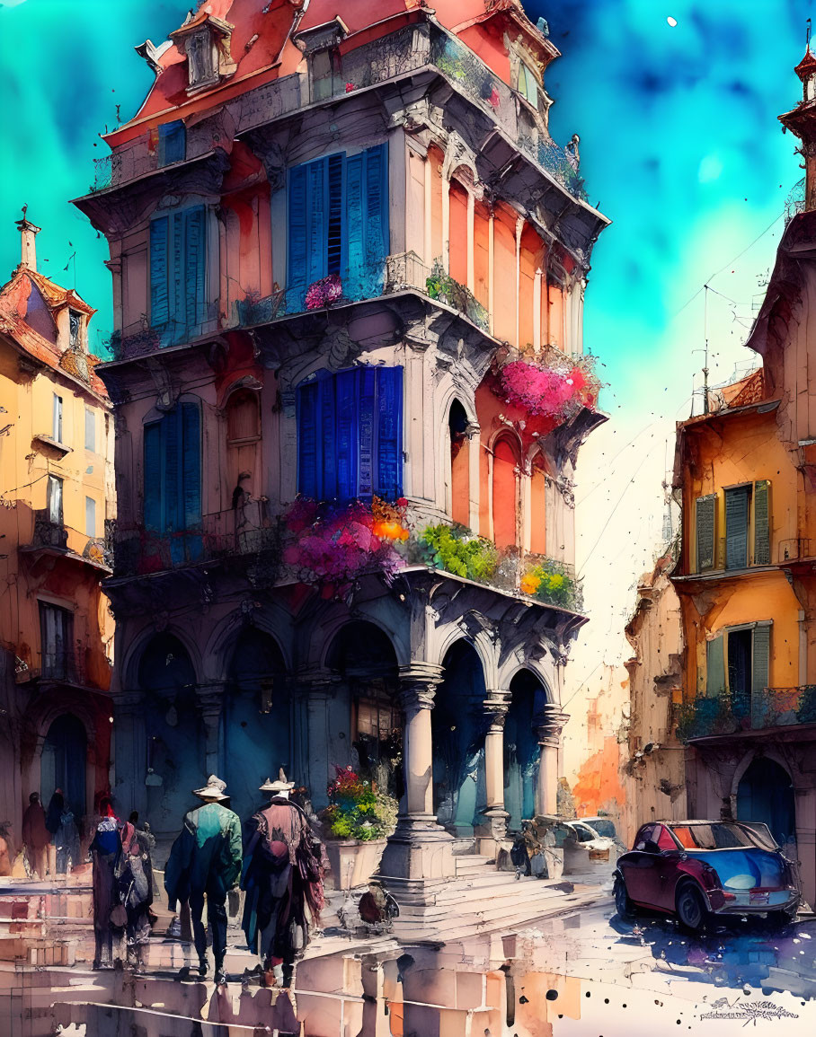 Colorful European corner scene with flowers, people, vintage car, and blue sky