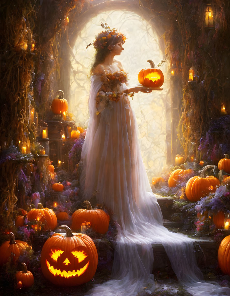 Woman in white gown with pumpkin in candlelit setting