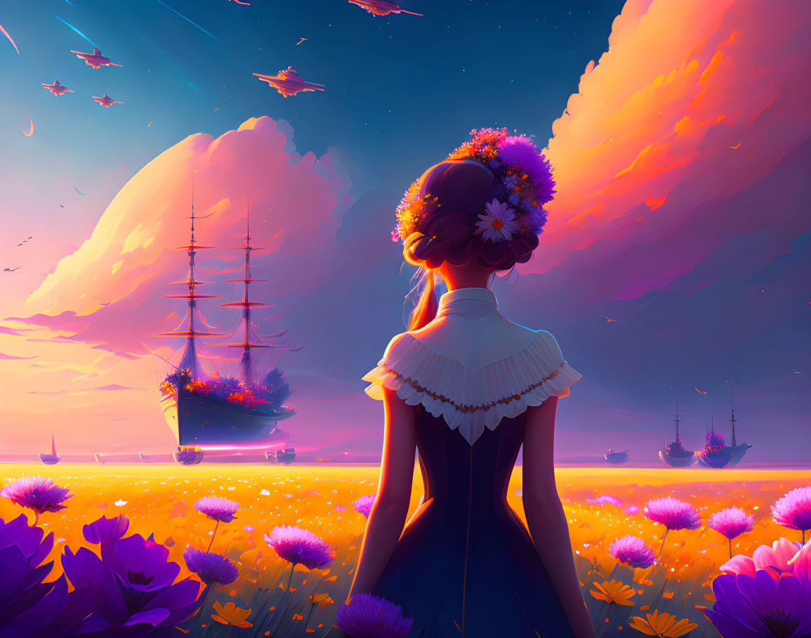 Victorian woman admires surreal sunset with floating ships and purple flowers