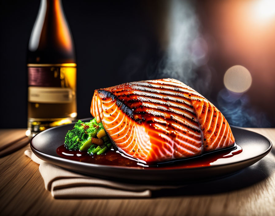 Grilled salmon fillet with charred lines, broccoli, sauce, and bottle on wooden table