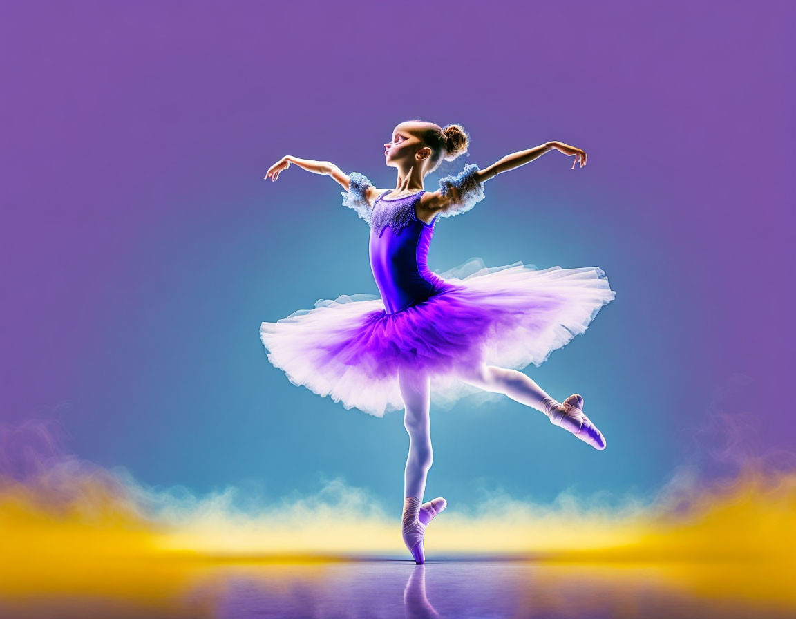 Ballet dancer en pointe in purple tutu on gradient backdrop