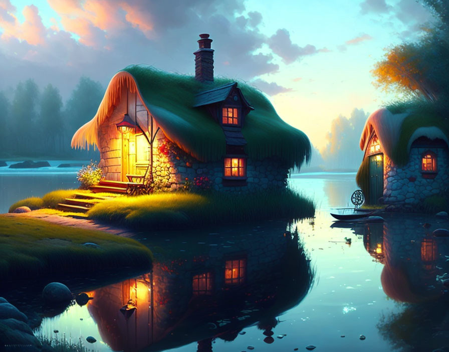 Thatched Roof Cottage by Serene Lake at Twilight