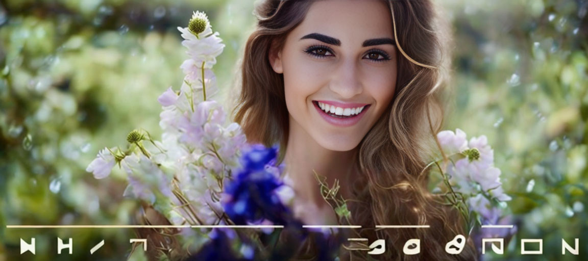 Curly-haired woman smiling in flower garden with blurred greenery and graphic elements