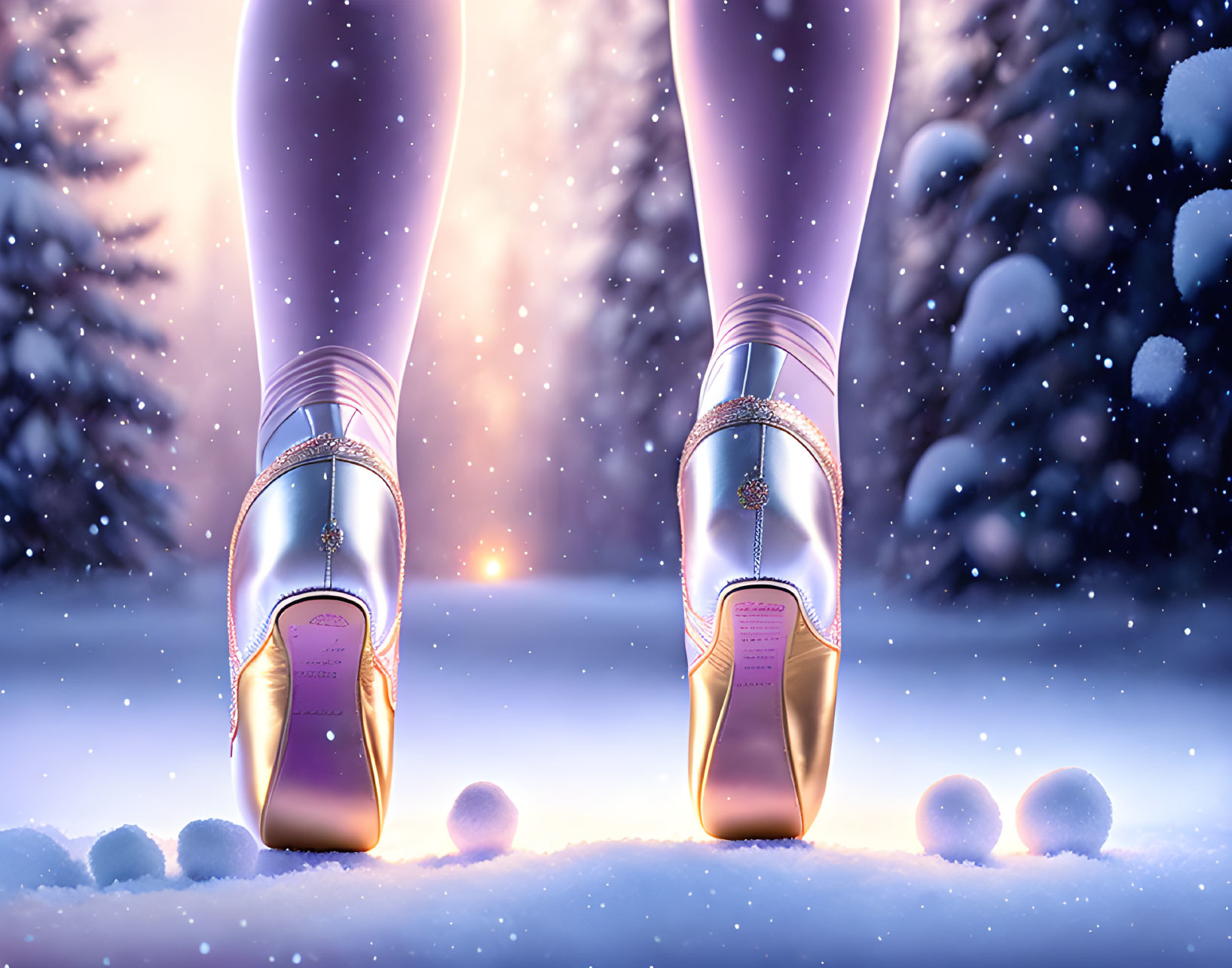 Stylish high heels in snowy sunset scene