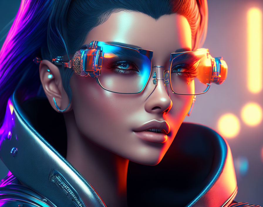 Futuristic digital art portrait of a woman with neon lights reflection.