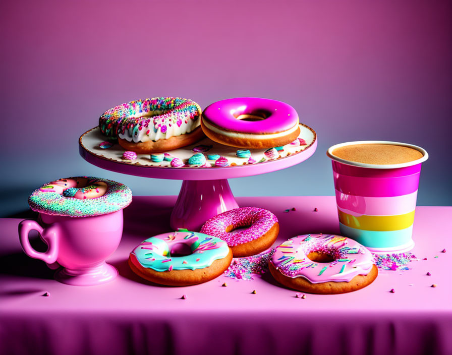 Vibrant donuts, spilled cup, and coffee cup on purple backdrop