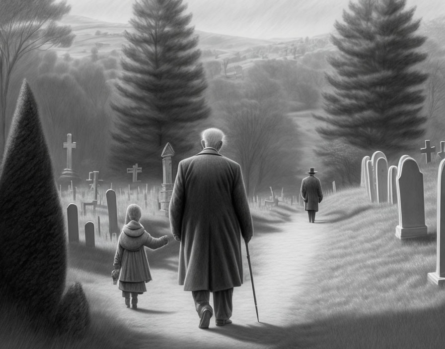 Elderly man and child walking in grayscale cemetery landscape