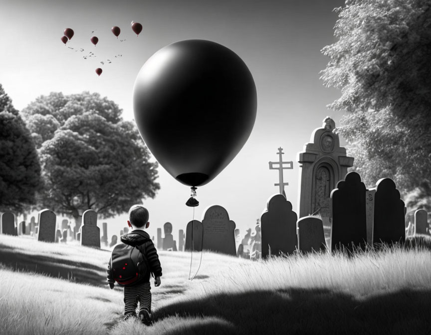 Child holding black balloon in cemetery with red balloons in background