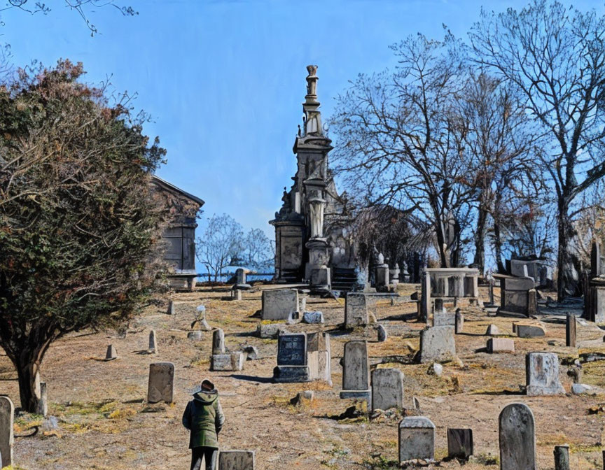 Person in hat at old cemetery with weathered gravestones