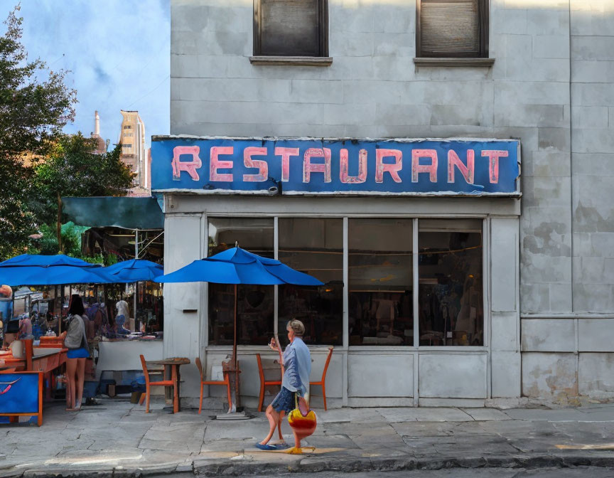 Restaurant with Blue Umbrellas: Street View People Dining, Child Walking