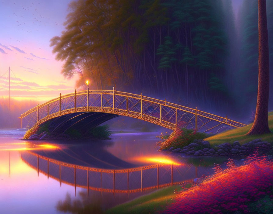 Golden bridge over calm river at sunrise or sunset with colorful foliage reflected.