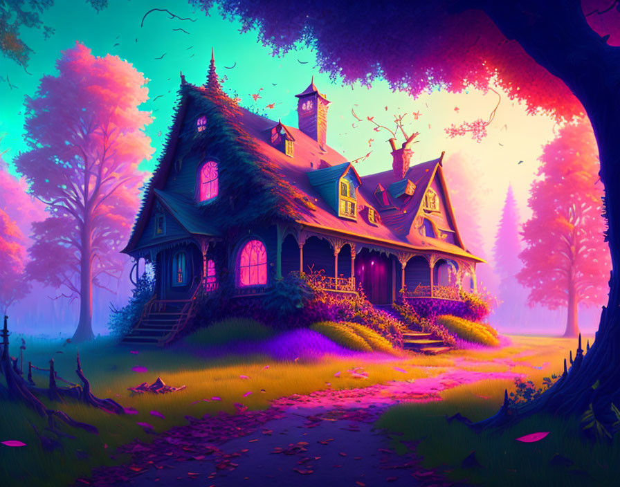 Victorian house in mystical forest with purple and pink hues