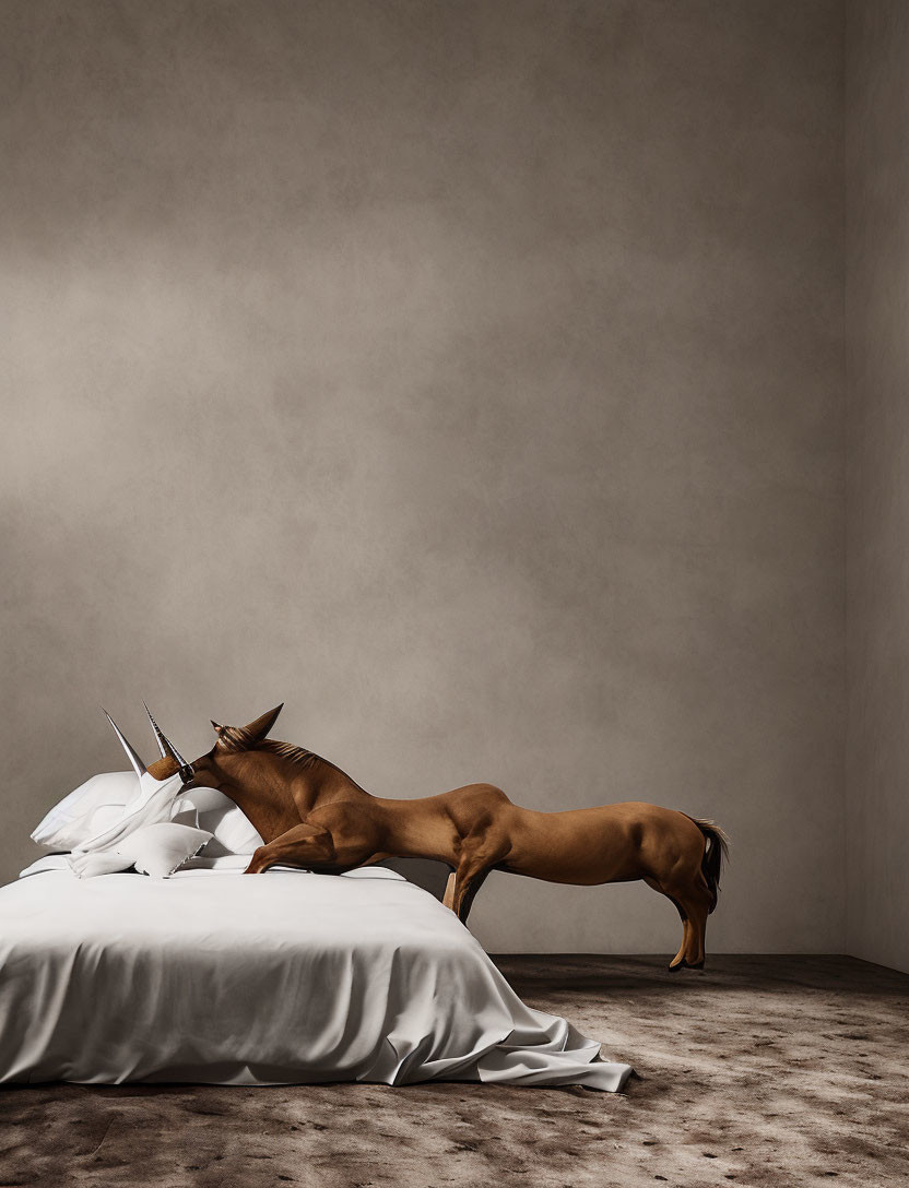 Brown dog playfully biting crumpled white sheets on white bed